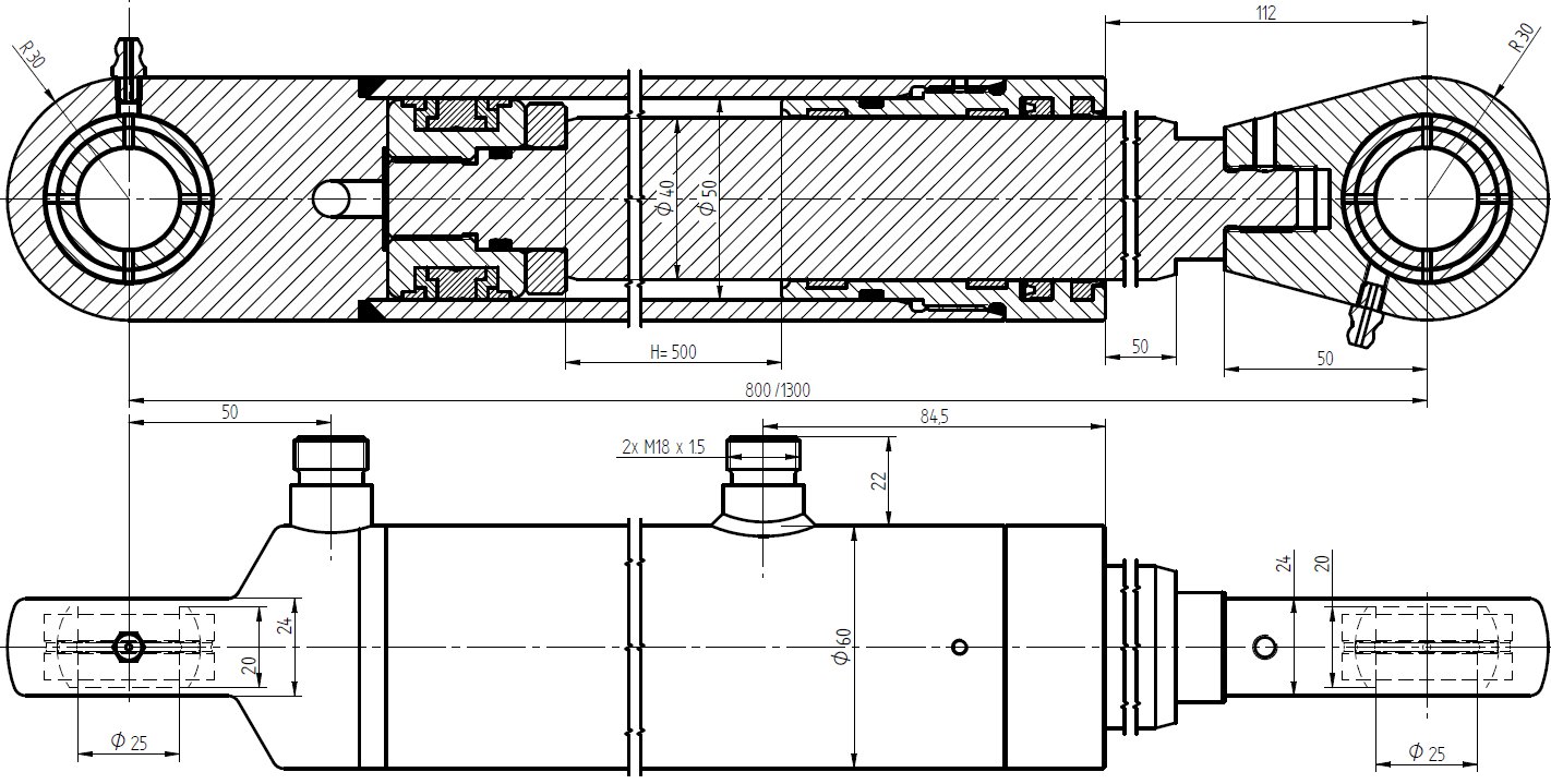 Чертеж гидроцилиндра в разрезе