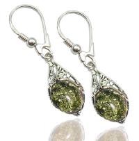 СЕРЬГИ СЕРЕБРЯНЫЕ С НАТУРАЛЬНЫМ ЯНТАРЕМ - зеленый
