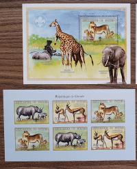 Fauna Żyrafa Lew Antylopa Nosorożec- Bl. + znaczki