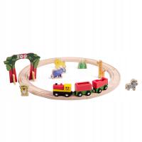 Drewniana kolejka dla dzieci 20 el. – tory, wagoniki, zwierzątka, wiaderko