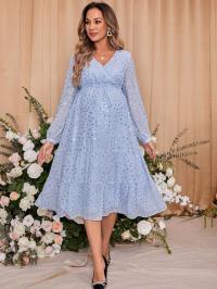 NIEBIESKA SUKIENKA CIĄŻOWA KLASYCZNA DEKOLT V DŁUGIE RĘKAWY SHEIN 36