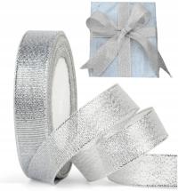 TASIEMKA WSTĄŻKA BROKATOWA DEKORACJA PREZENT OZDOBNA 1cm/22m SREBRNA