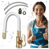 BATERIA KUCHENNA Stojąca Biało Złota Do Zlewu Elastyczna Wylewka Kran Biały