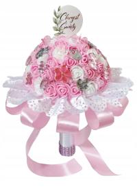 Bukiet różyczki smoczki misie na chrzest dla dziewczynki różowy mały pik