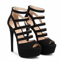Czarne Buty Sandały Mega Szpilki Gladiatorki Platformy Paski Zamsz