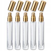 BUTELKA SZKLANA BEZBARWNA 10 ML OKRĄGŁA Z ATOMIZEREM ZŁOTYM ZESTAW 5 SZTUK