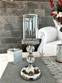 Świecznik latarenka srebrny Glamour 2 kryształowe kulki ozdoba