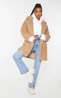 JASNOBRĄZOWY PŁASZCZ SZTUCZNE FUTERKO PLUSZOWE PRETTYLITTLETHING 40