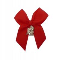 Czerwona kokardka do wózka łóżeczka na szczęście z modlącym się aniołkiem