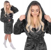 SZLAFROK DAMSKI PUCHATY CIEPŁY POLAROWY Z KAPTUREM MIĘKKI GRUBY DŁUGI