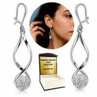 KOLCZYKI SREBRNE 925 WISZĄCE KULKI CYRKONIE SWAROVSKI NA PREZENT + GRAWER