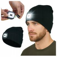 Зимняя мужская рабочая теплая шапка со светодиодным фонариком черный USB теплый