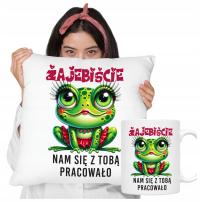 KUBEK + PODUSZKA prezent POŻEGNANIE Z PRACY ODEJŚCIE Z PRACY kolorowa żabka