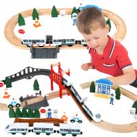 DREWNIANA KOLEJKA Zasilana Lokomotywa TOR WAGONY POCIĄG Budynki Zestaw