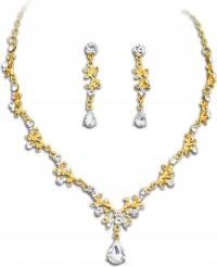 Złoty komplet biżuterii ślubnej z białymi cyrkoniami złocone łezki