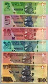 Zimbabwe 2 5 10 20 50 100 Dolar 2019 - 22 6szt UNC