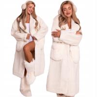 PERLA Eleganckie Długie Luźne FUTRO Futrzany PŁASZCZ Duże Kieszenie Biel