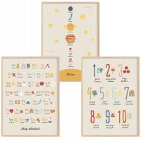 Zestaw 3 plakaty edukacyjne 30x40 A3 Montessori Alfabet Liczby Kosmos WZORY