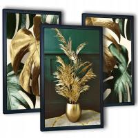 3 obrazy do salonu w ramach tryptyk złoty wazon