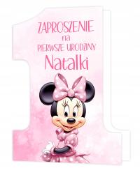 ZAPROSZENIA ma ROCZEK z imieniem DZIECKA kształt JEDYNKI Minnie + koperta