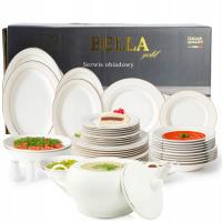 SERWIS OBIADOWY PORCELANOWY 48EL ZESTAW TALERZY BIAŁYCH ZŁOTY PASEK 12 OSÓB