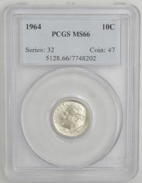 9.vv.USA, 10 CENTÓW 1964 PCGS MS66