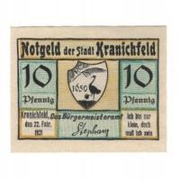 Banknot, Niemcy, Kranichfeld Stadt, 10 Pfennig, pa