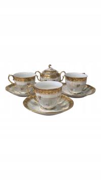 KOMPLET 3 FILIŻANEK ZE SPODKAMI+CUKIERNICA PORCELANA PIRKENHAMMER