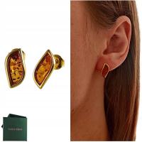 KOLCZYKI ZŁOTE z CERTYFIKOWANYM BURSZTYNEM Piękne Sztyft Srebro Pozłacane