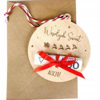 Świąteczny Bon Podarunkowy drewniana bombka z imieniem prezent na Mikołajki