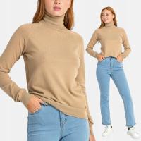 Golf Damski Sweter z Golfem z Wiskozą Bez Wzoru Długi Rękaw Beżowy