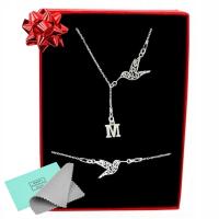 Komplet biżuterii srebrnej 925 z kolibrem literką elegancki damski prezent