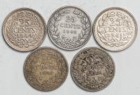 Niderlandy, 25 centów, lata 1902-1944, zestaw 5 sztuk
