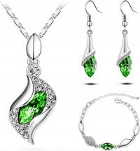 Srebrny komplet zielone łezki cyrkonie cyrkoniami zieleń prezent damski 3cz