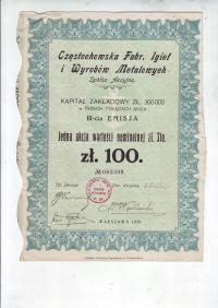 Częstochowska Fabryka Igieł i Wyr. Met., akcja na 100 zł z 1929 r.