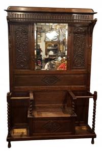 Duży Zabytkowy Eklektyczny Wieszak Dębowy z Lustrem KL