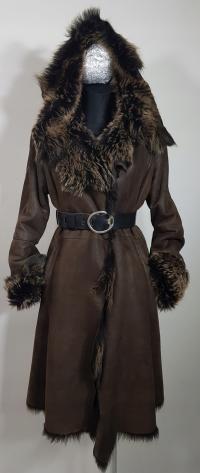 Naturalny kożuch jagnięcy surowy toskan ciemny brąz długi włos kaptur S M