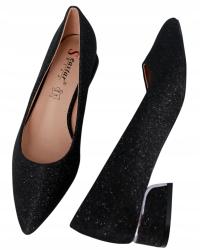 ELEGANCKIE BALERINY NA OBCASIE PÓŁBUTY DAMSKIE CZARNE BROKAT BUTY SZPIC 37