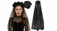 OPASKA Z RÓŻAMI WELON POGRZEBOWY TOCZEK HALLOWEEN PANNA MŁODA CZARNA CZARNY