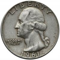 USA 1/4 dolara (quarter, 25 centów), 1961 ćwierćdolarówka Waszyngtona, sreb