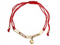 Złota bransoletka 585 czerwona sznurkowa z gładkim sercem duże ogniwa 14kt