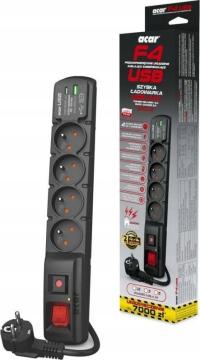 Listwa przeciwprzepięciowa Acar F4 USB A+C z szybką ładowarką 3m czarna