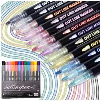 MAGICZNE MAZAKI PISAKI PODWÓJNA LINIA METALICZNE KONTUROWE BROKATOWE 12SZT