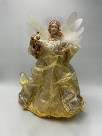 Figurka anioł bożonarodzeniowy w złotej sukni z podświetleniem lata 1970