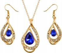 Złoty ślubny komplet biżuterii granatowe szafirowe cyrkonie łezki prezent