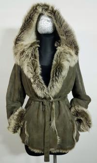 Naturalny kożuch CRISTO PELLI toskan zielony lekki długi włos kaptur S M