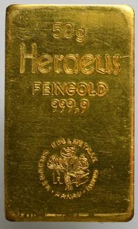 Heraeus, sztabka 50 g Au999, st. 1