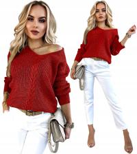 Ciepły SWETER DAMSKI warkocze dekolt V modny wygodny SALE