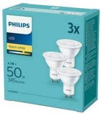 3x светодиодная лампа GU10 PHILIPS 4,7 ВТ = 50 Вт 2700K 345lm