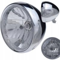 LAMPA MOTOCYKLOWA Reflektor Duża Srebrna Metalowa Chopper Klasyk Cafe Racer